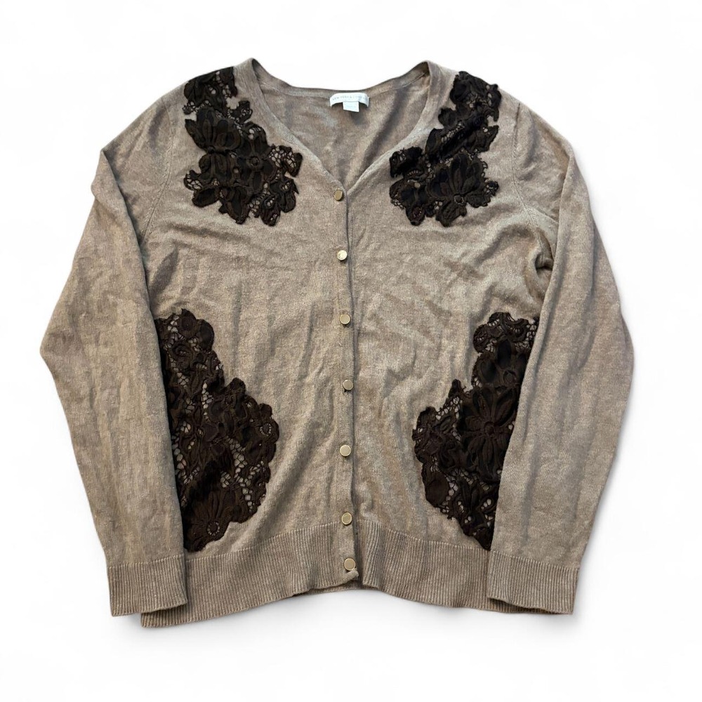 New York & Company Brown Black Lace Cardigan Sweater Womens Large Vintage